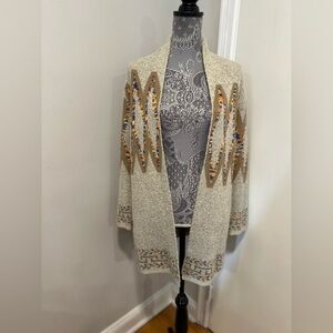 Debut Womens M/L Open Cardigan Tribal Geometric Pattern Long Sweater Beige Brown
